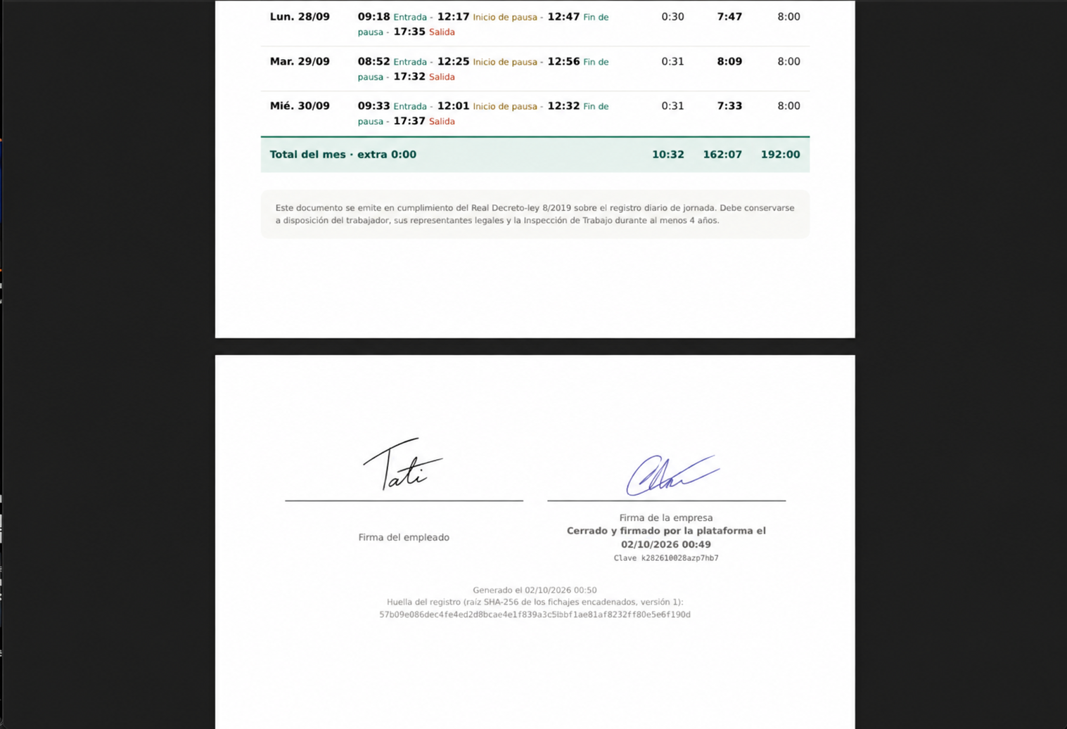 Hoja de tiempo PDF con huella y las dos firmas